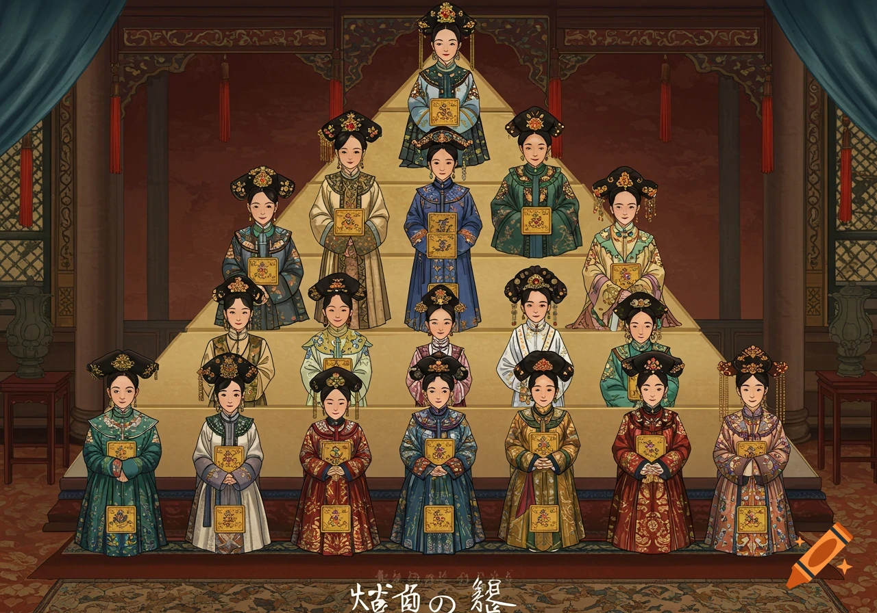Illustration of Qing Dynasty concubines arranged in a hierarchy pyramid.