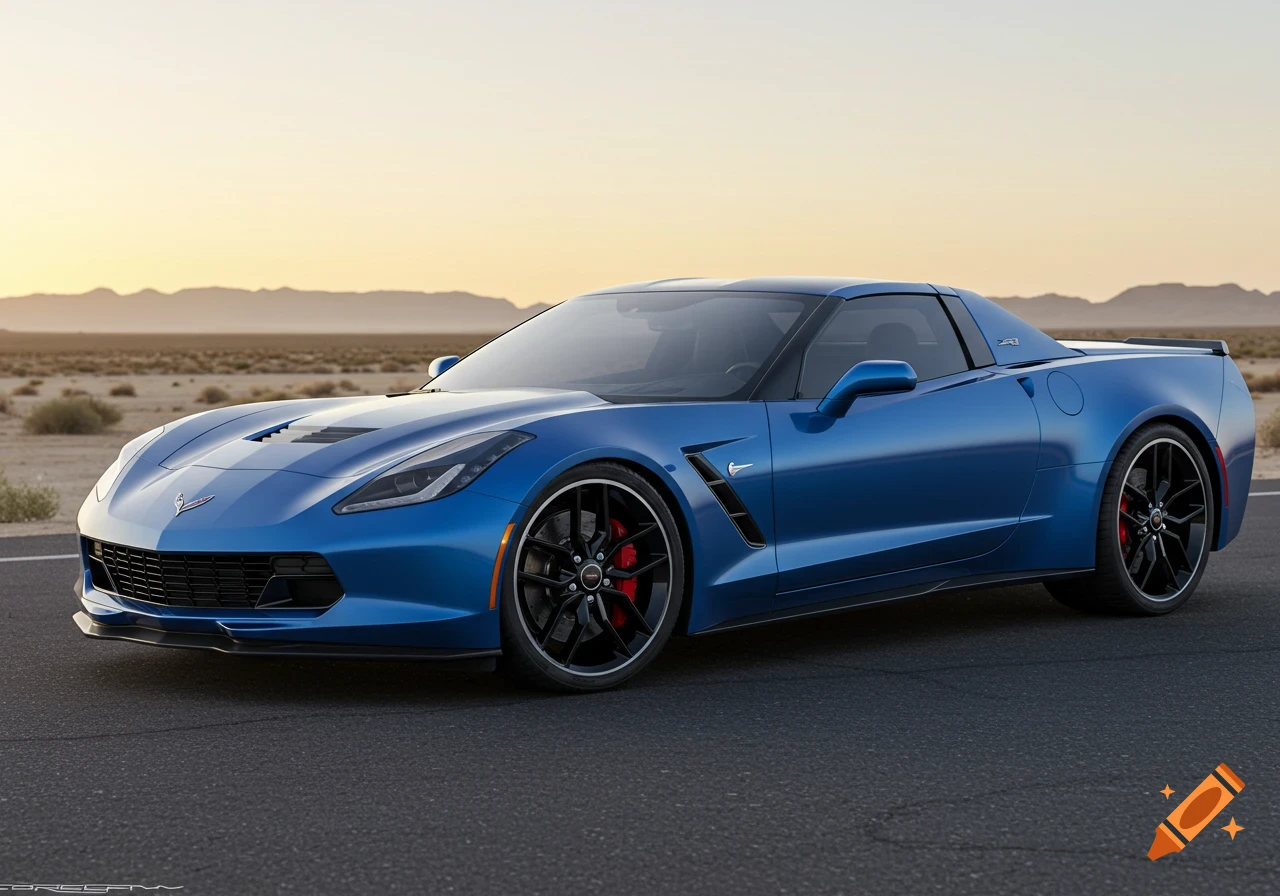 A blue Chevrolet Corvette parked on a road with mountains in the background at sunset.