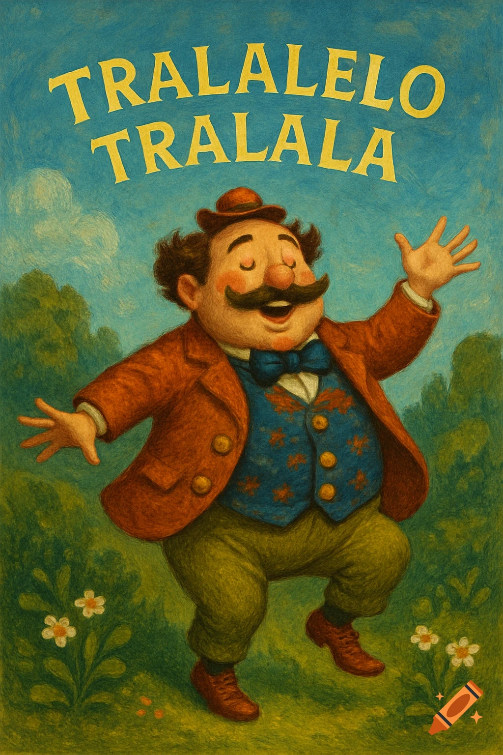Illustration of a man with a mustache dancing under 'TRALALELO TRALALALA' text.