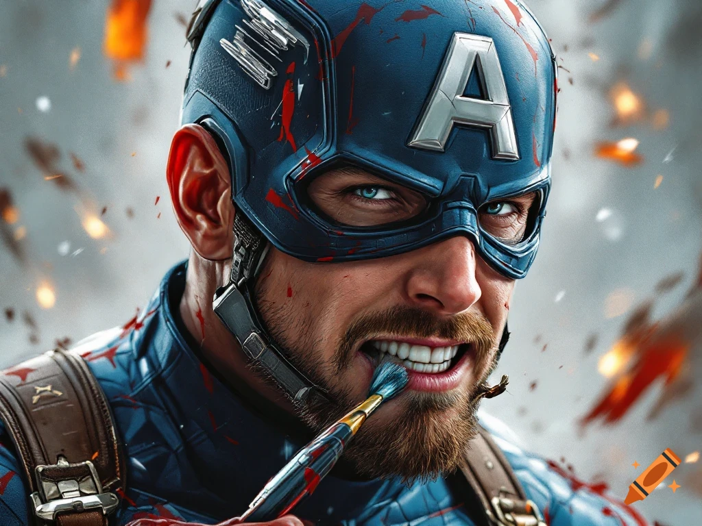 Close-up photorealistic portrait of Captain America biting a paintbrush