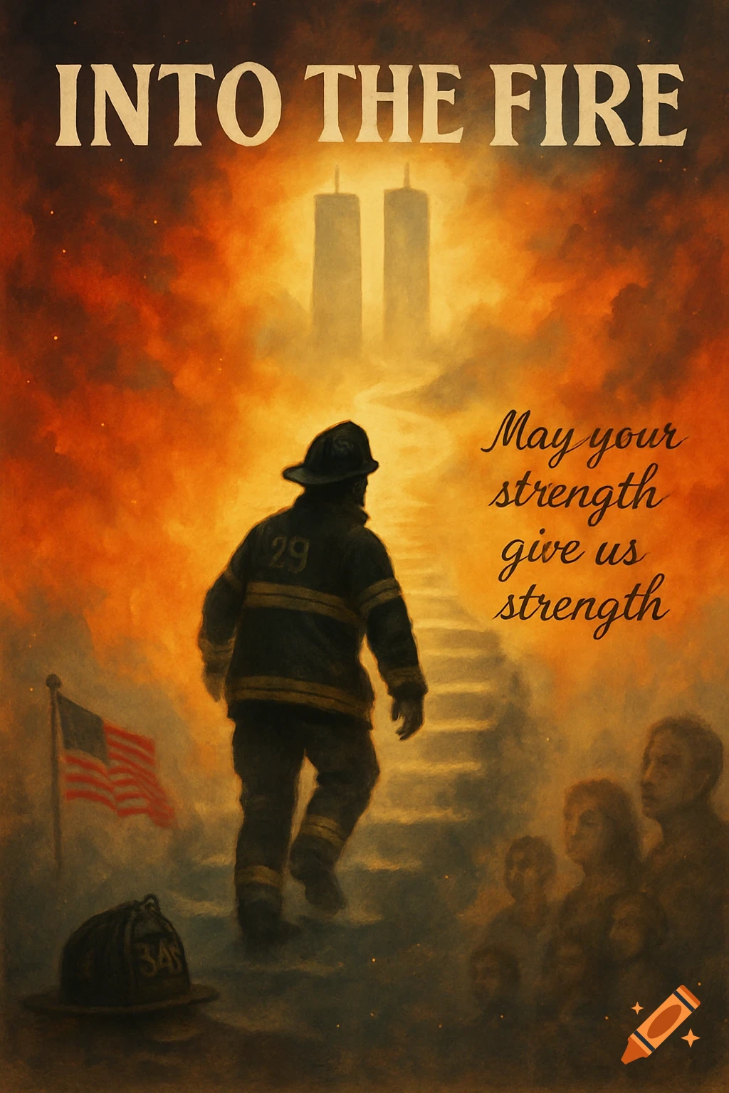 Painterly image of a firefighter walking up glowing steps toward the Twin Towers outline in a fiery sky. Text reads "INTO THE FIRE" and "May your strength give us strength". An American flag and helmet are visible.