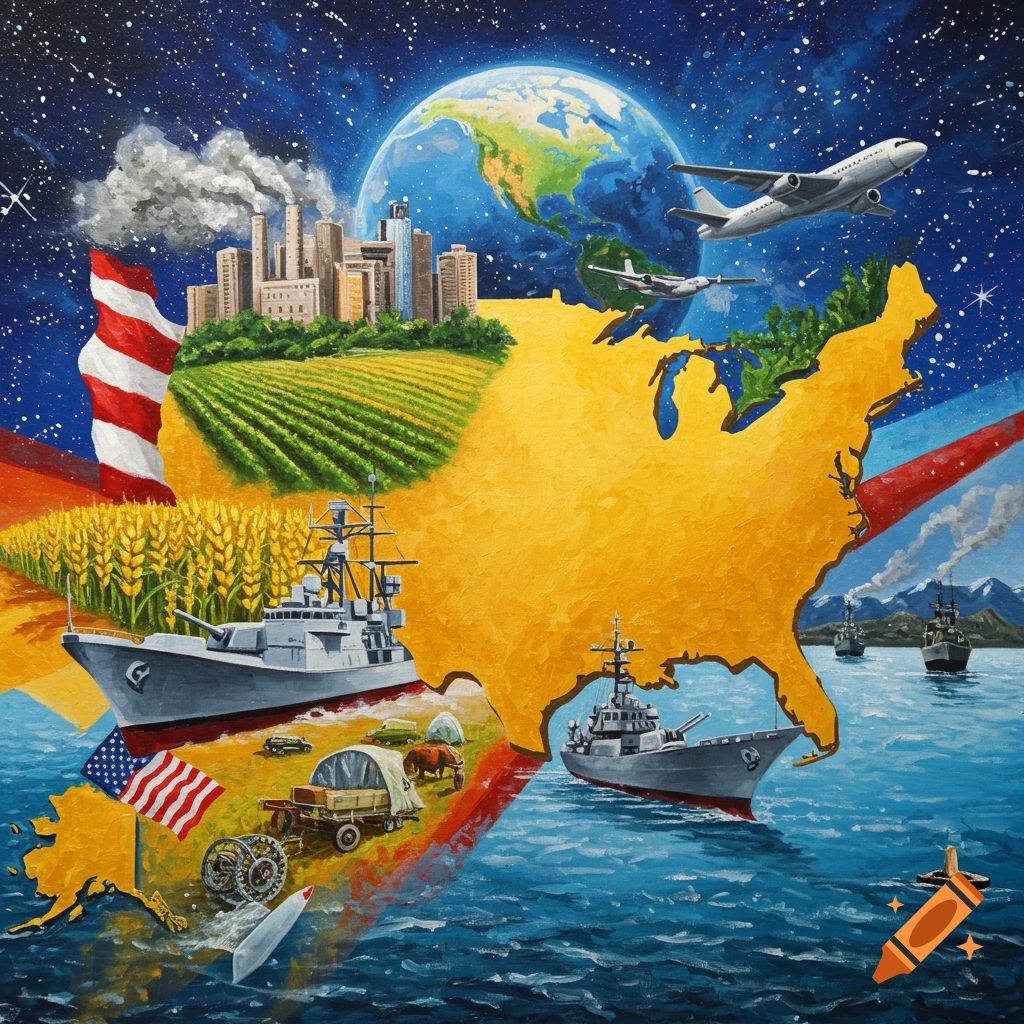 Painted illustration of the USA map with city, fields, ships, planes, and wagon, with Earth and stars.