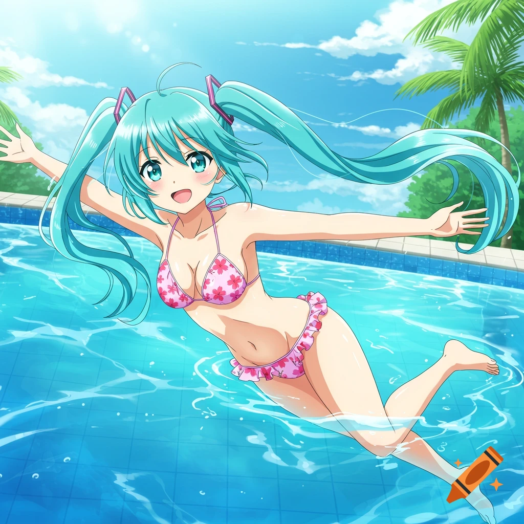 An anime girl with teal hair and a pink floral bikini swims in a pool on a sunny day.