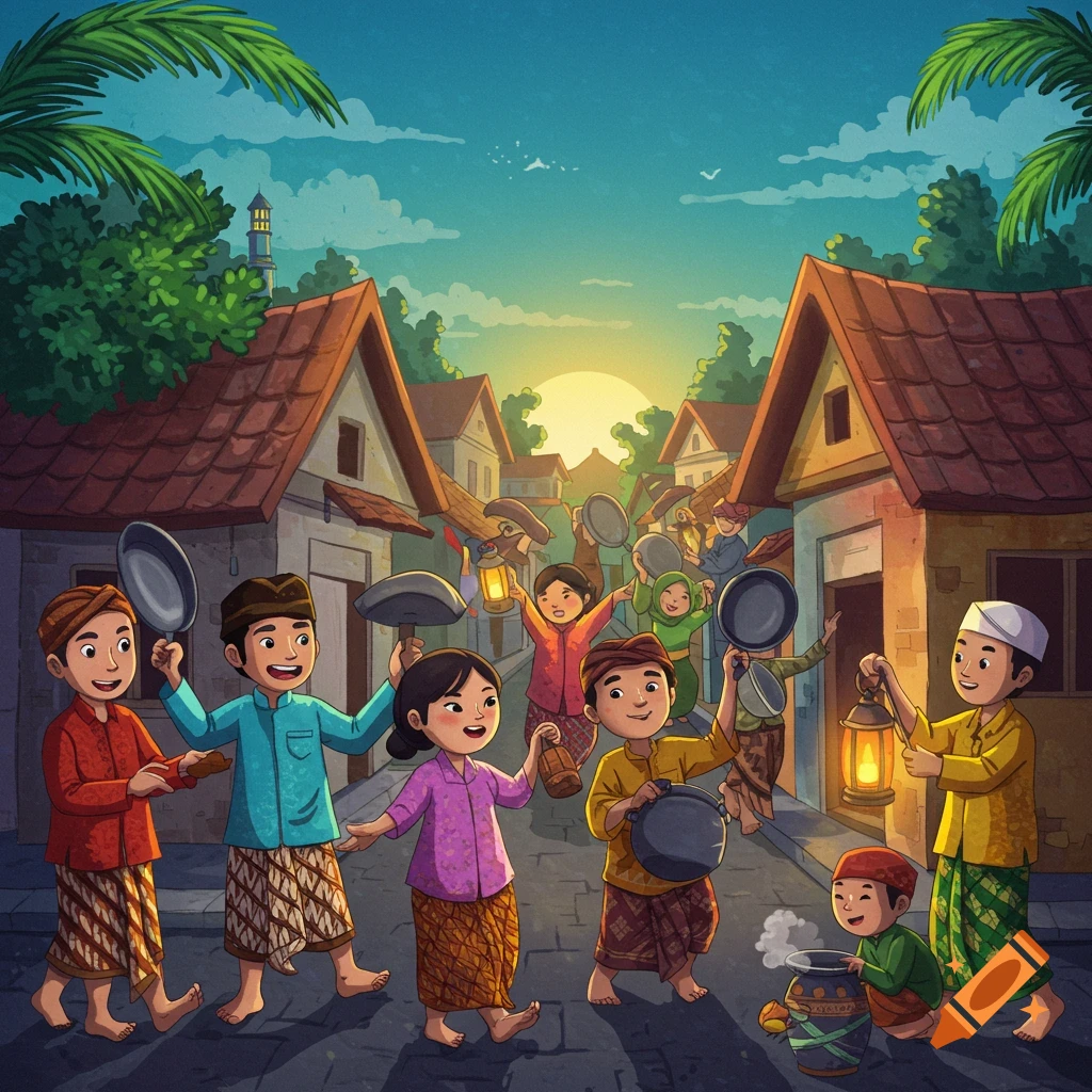Illustration of children and adults in traditional clothing making noise with pots and pans on a village street at sunset.