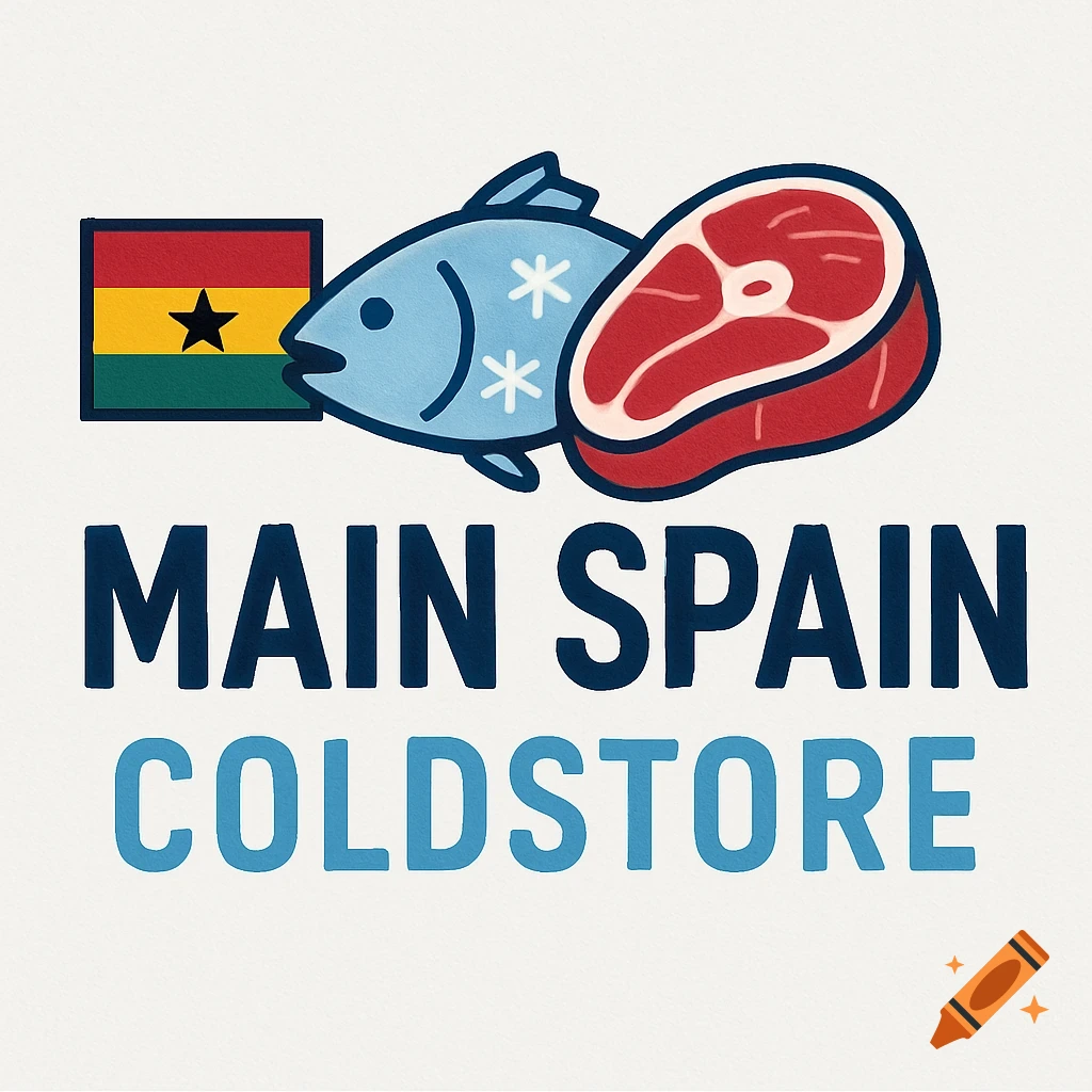 Logo with text 'MAIN SPAIN COLDSTORE', fish, meat, and Ghana flag.