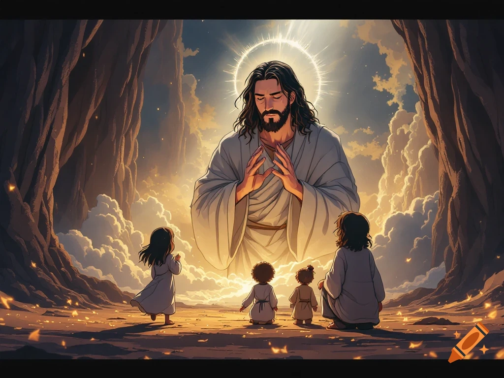 Anime-style image of Jesus with a halo looking down at children in a cave surrounded by clouds.