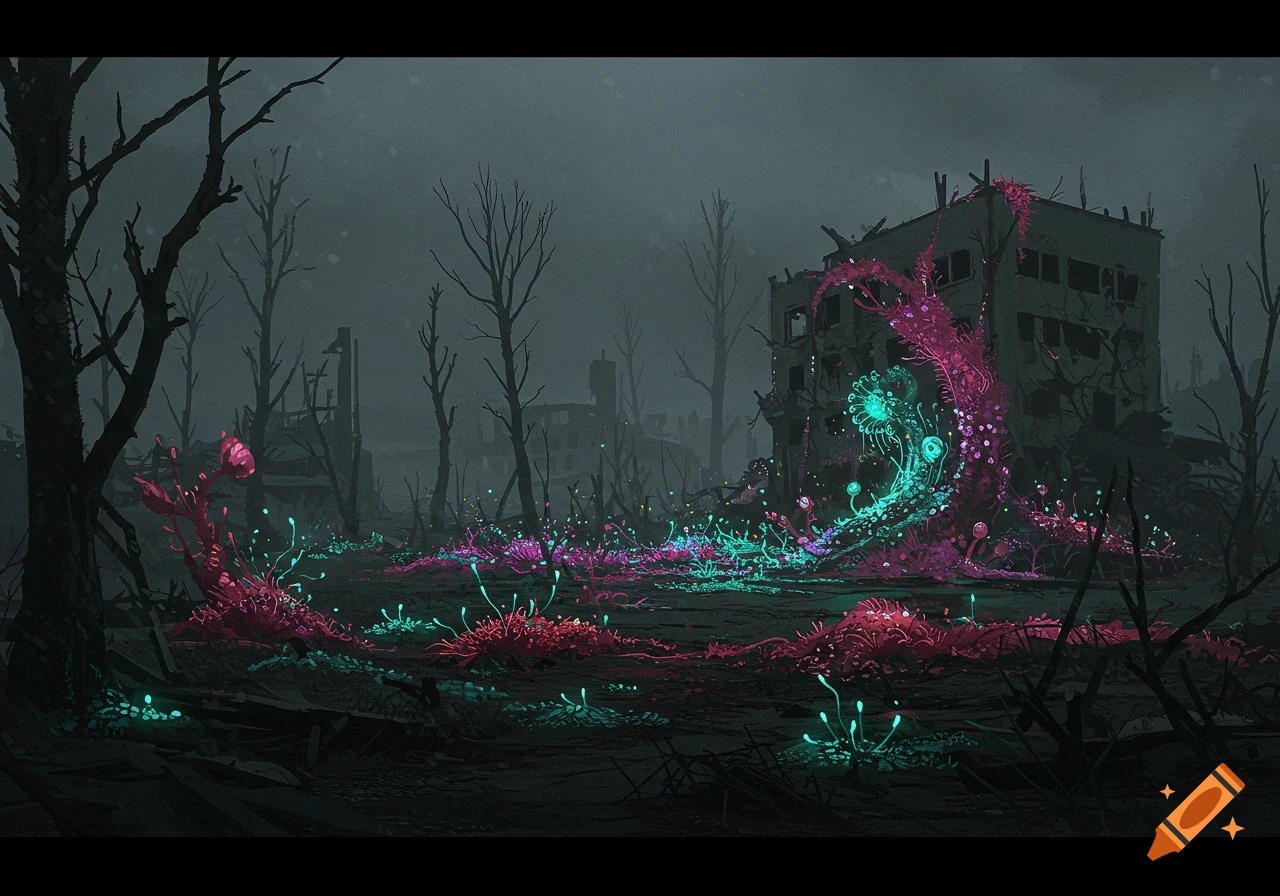 Dark post-apocalyptic scene with ruined buildings, burnt trees, and glowing pink and blue alien plants