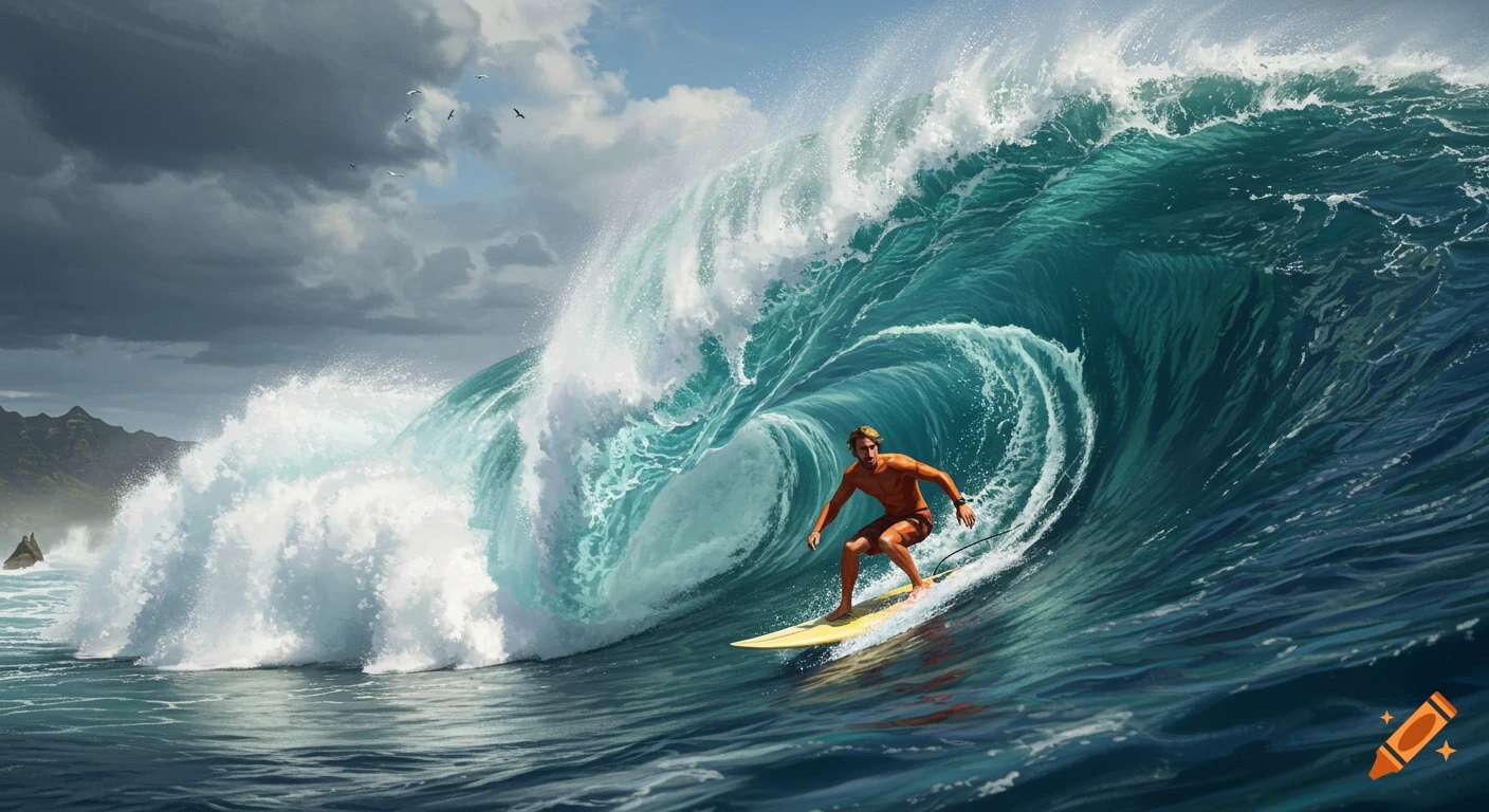 A surfer rides a massive turquoise wave under a dramatic cloudy sky.