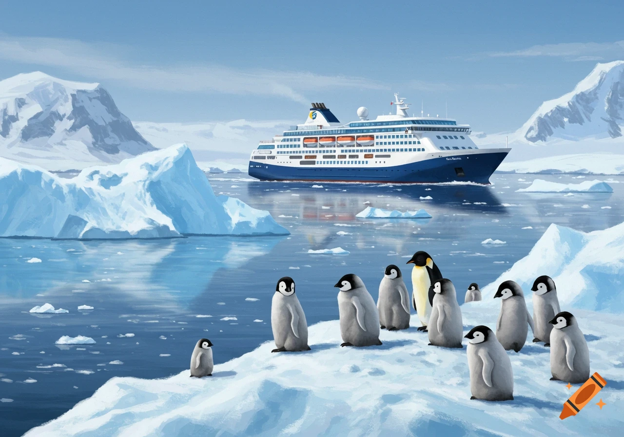 Illustration of penguins on icebergs with a cruise ship in Antarctica