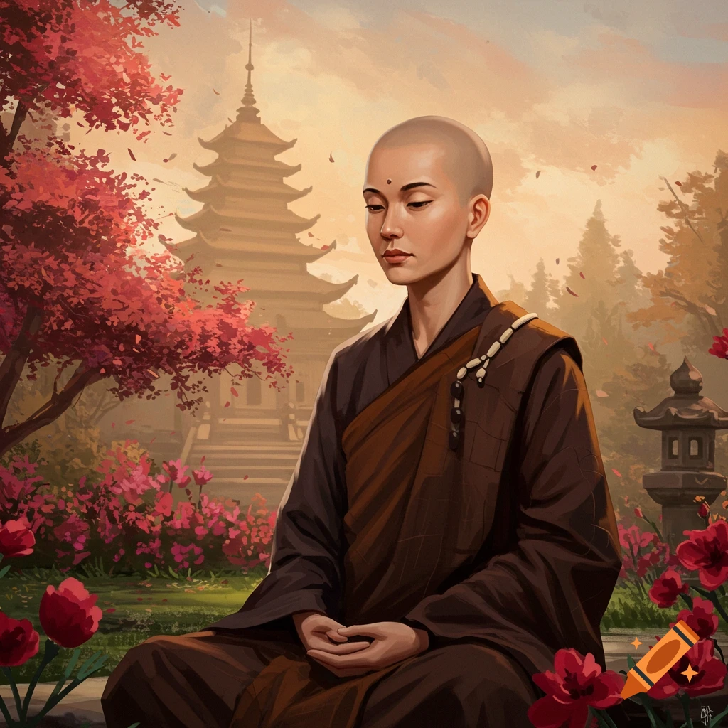 A monk meditates in a garden with a pagoda behind, in a painterly style.