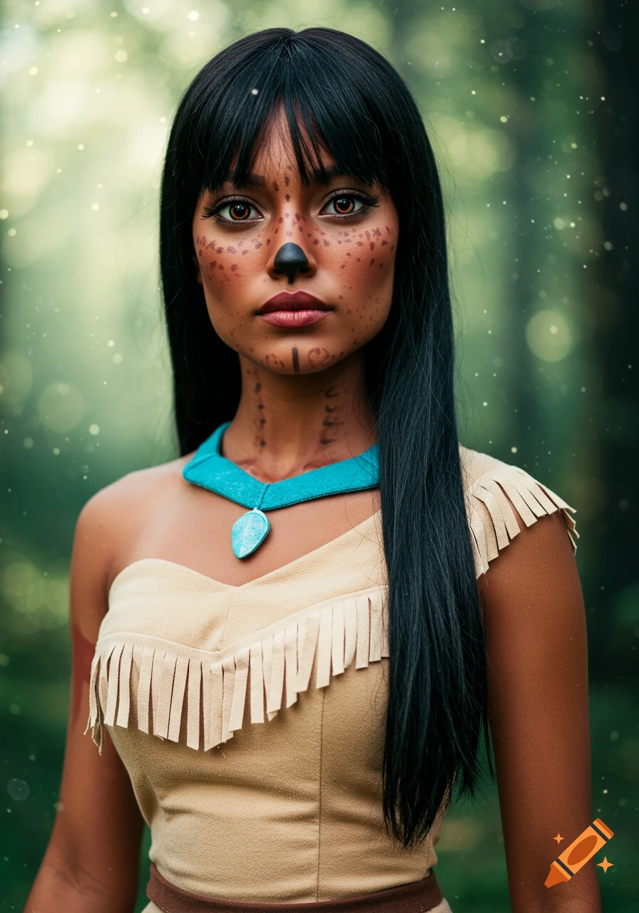 Portrait of a woman dressed as Pocahontas with face paint and turquoise necklace in a forest.