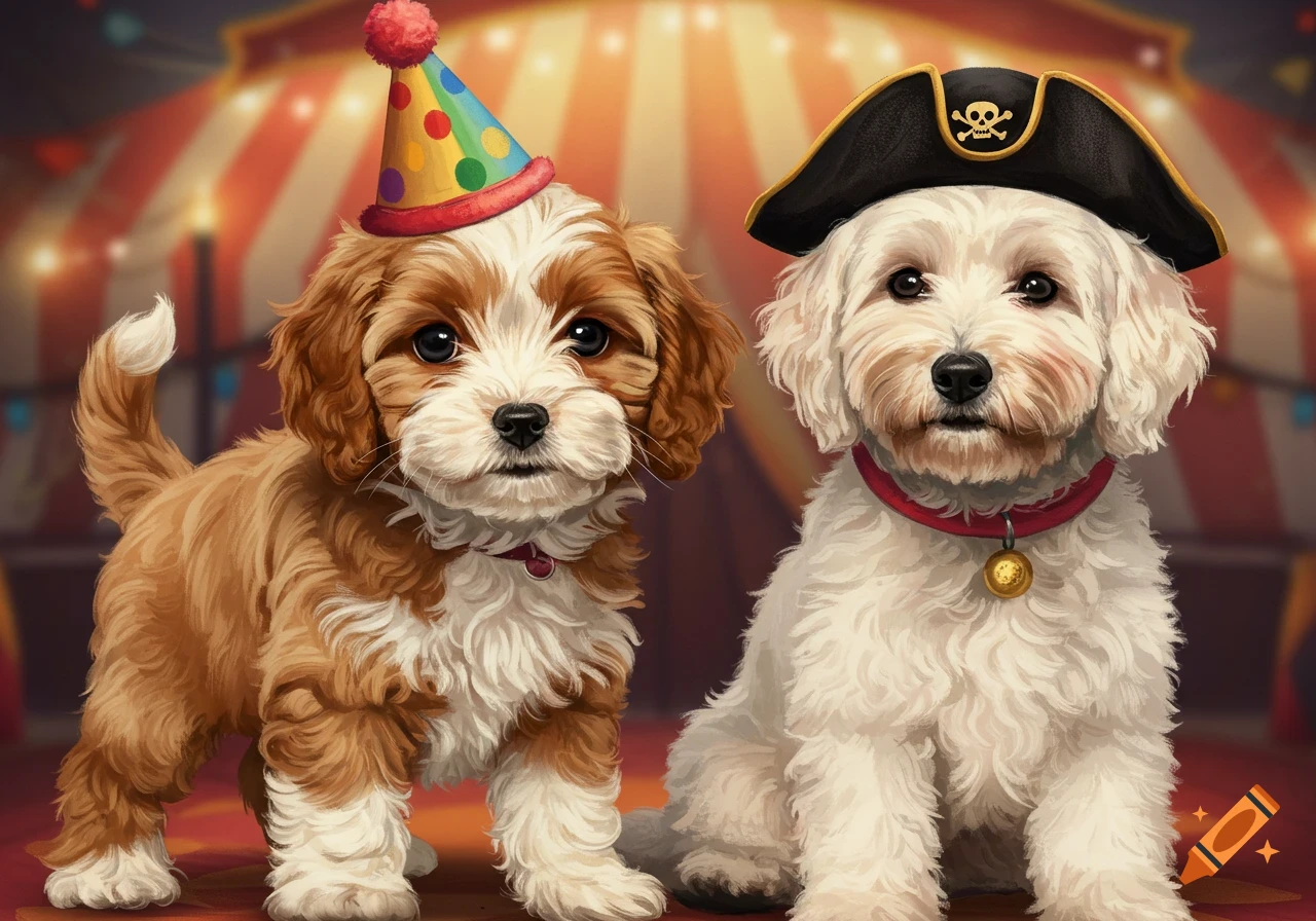 Two puppies in costumes, one with a party hat and one with a pirate hat, in front of a circus tent. Digital illustration.