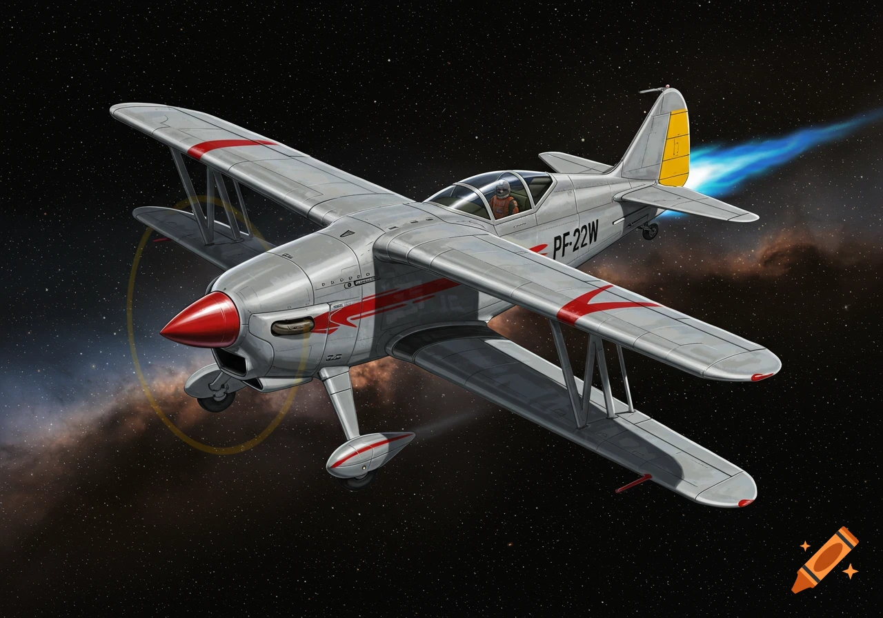 An illustration of a silver and red biplane-like aircraft flying through starry outer space.