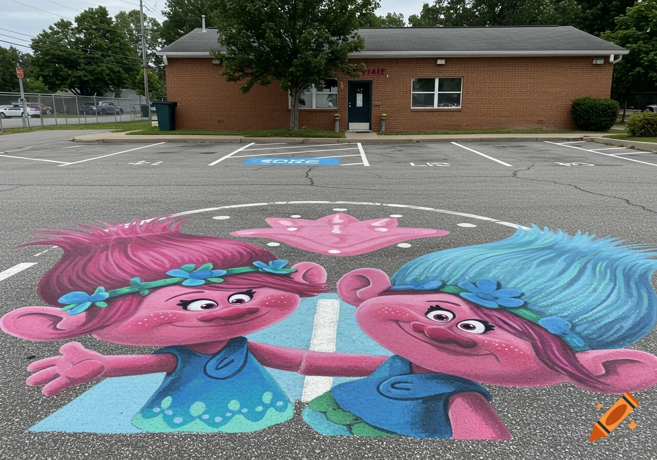 Painted Trolls characters on a parking lot surface in front of a brick building.