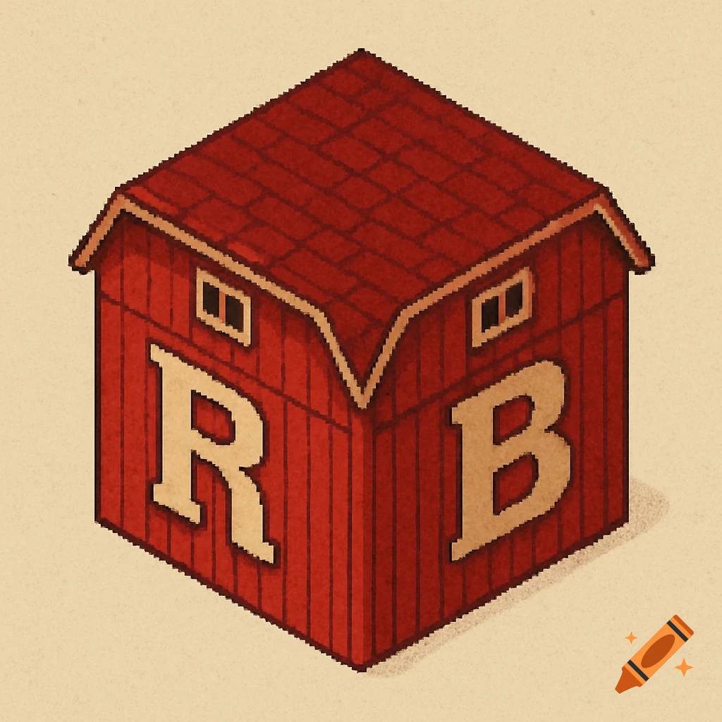 Isometric pixel art of a red barn with letters R and B on the sides.
