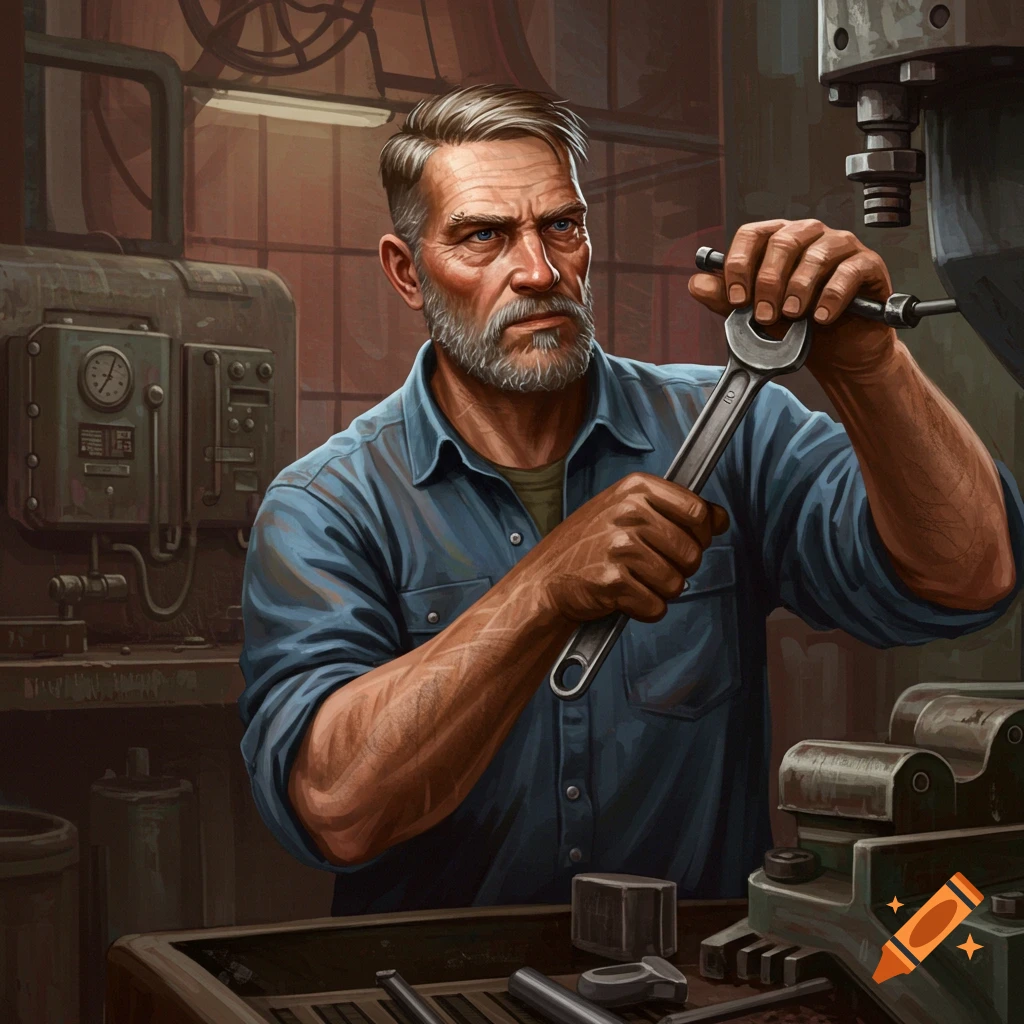 Older man with beard working on machinery with a wrench in a workshop.