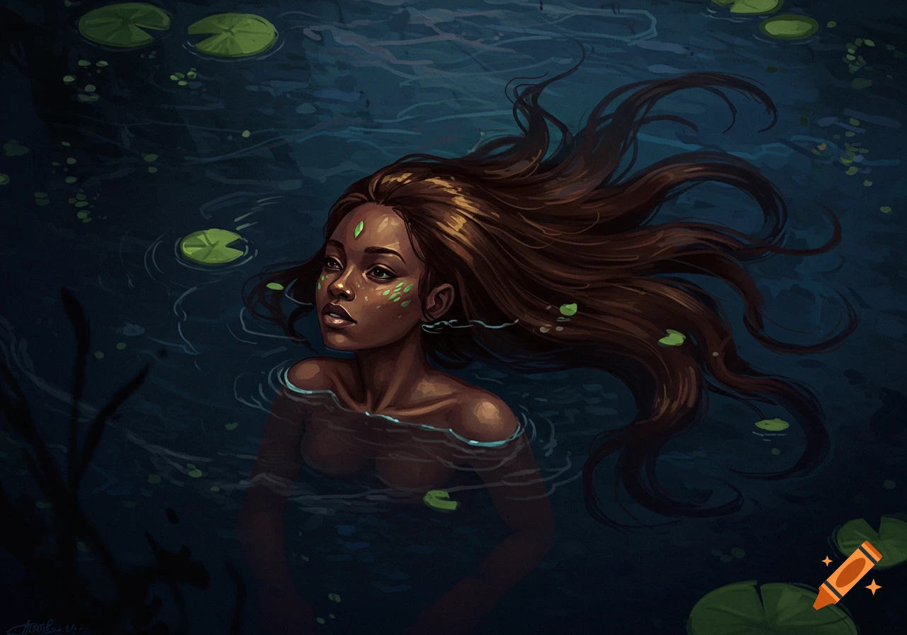 An illustration of a woman submerged in dark water with lily pads and floating leaves.
