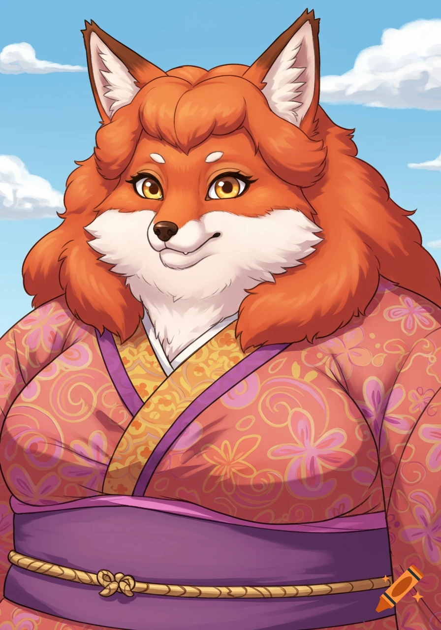 Anime style anthropomorphic fox woman in a pink and orange floral kimono under a cloudy sky.