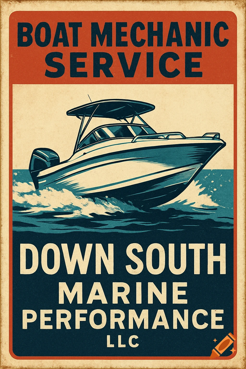 Vintage-style ad poster with a speed boat for Boat Mechanic Service Down South Marine Performance LLC