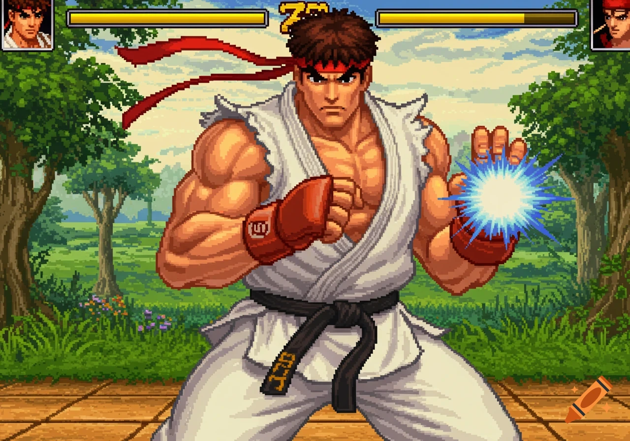 Pixel art screenshot of Ryu from Street Fighter performing a Hadoken, showing game UI.