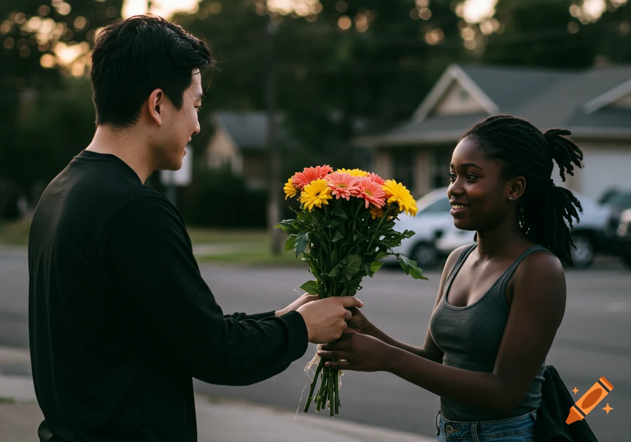 Asian man gives bouquet of flowers to Black woman on a street