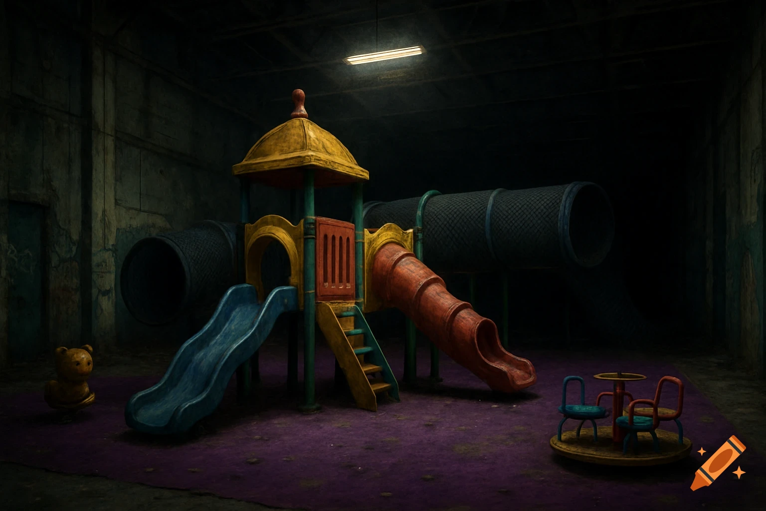 Eerie abandoned indoor playground with slides, tunnels, and a small carousel.