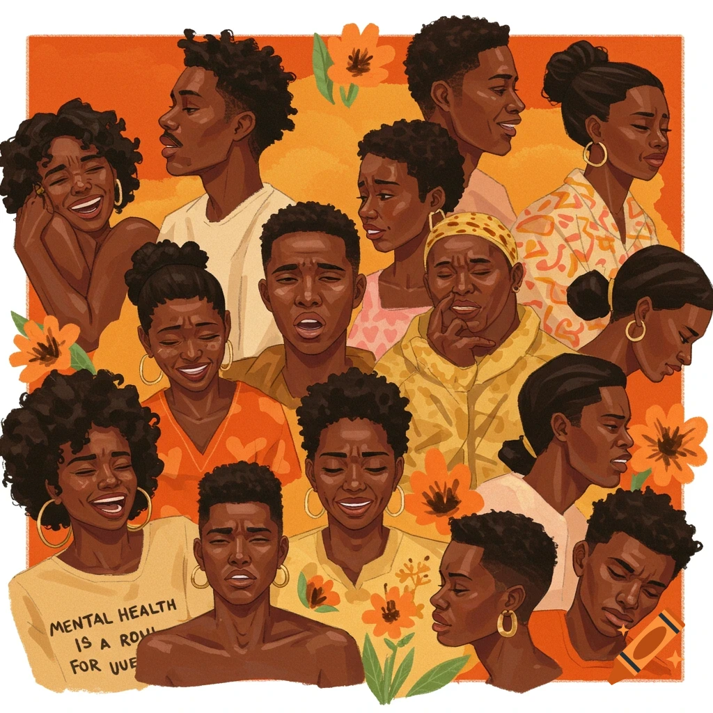 Illustration of multiple Black people with diverse emotional expressions, surrounded by flowers.