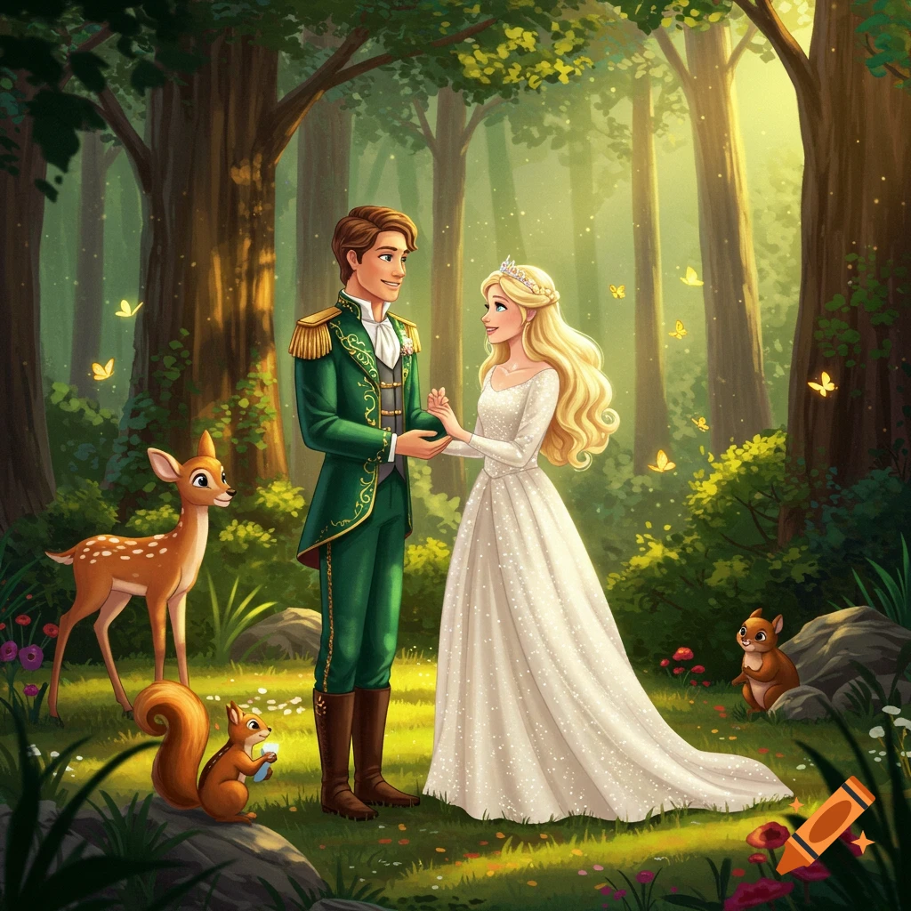 Cartoon illustration of a prince and princess getting married in a sunny forest with a deer, squirrel, and butterflies.