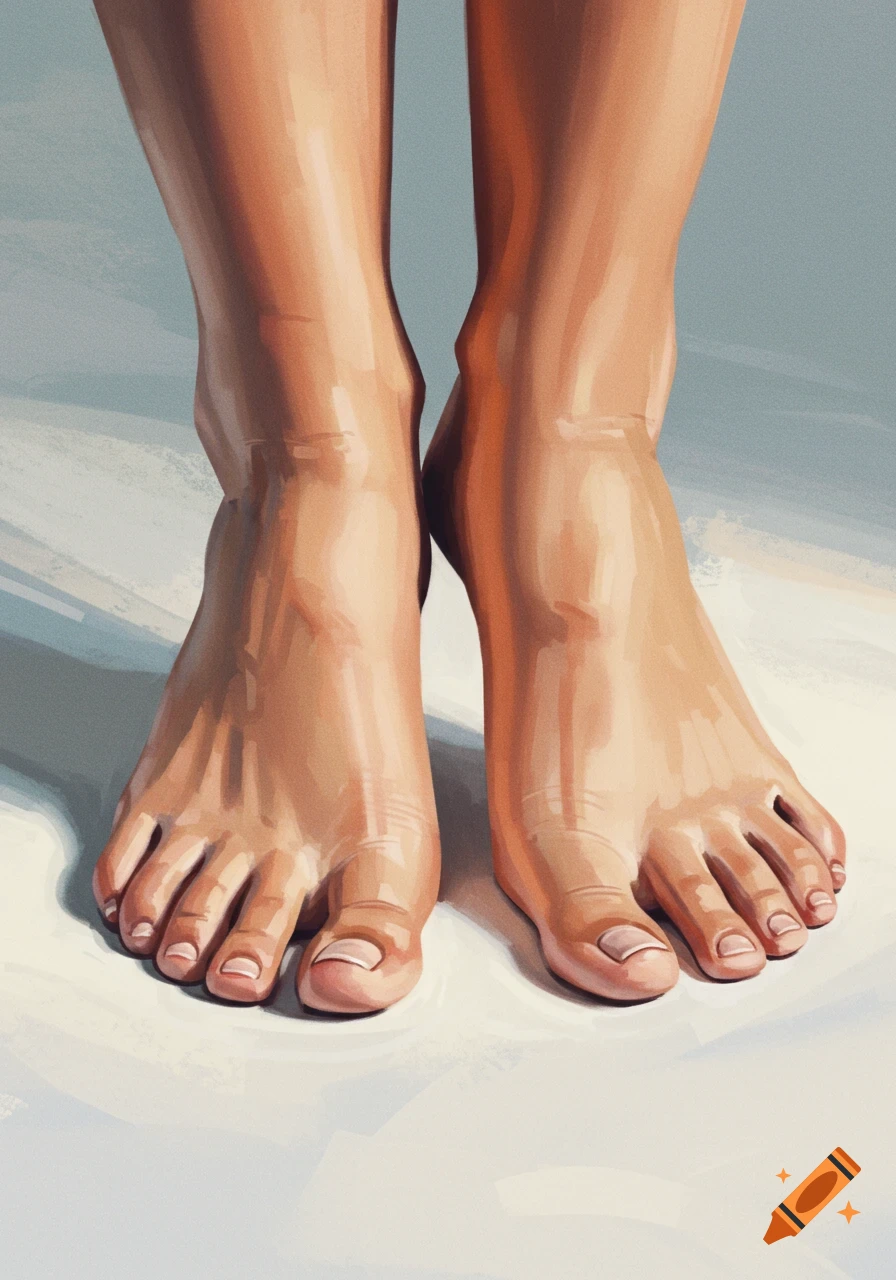Close-up painting of a person's feet and lower legs standing on a surface.
