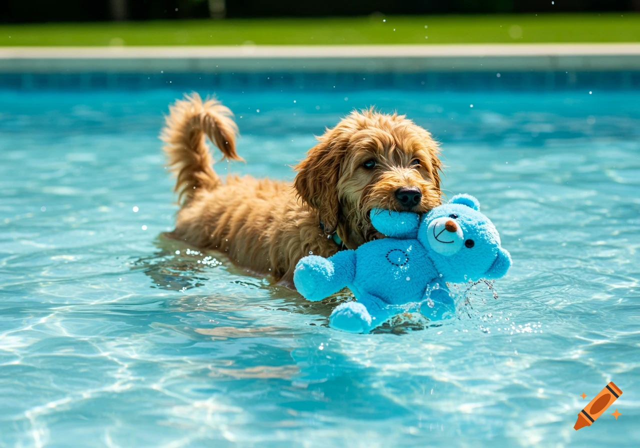 A golden doodle puppy swims in a pool holding a blue teddy bear in its mouth.
