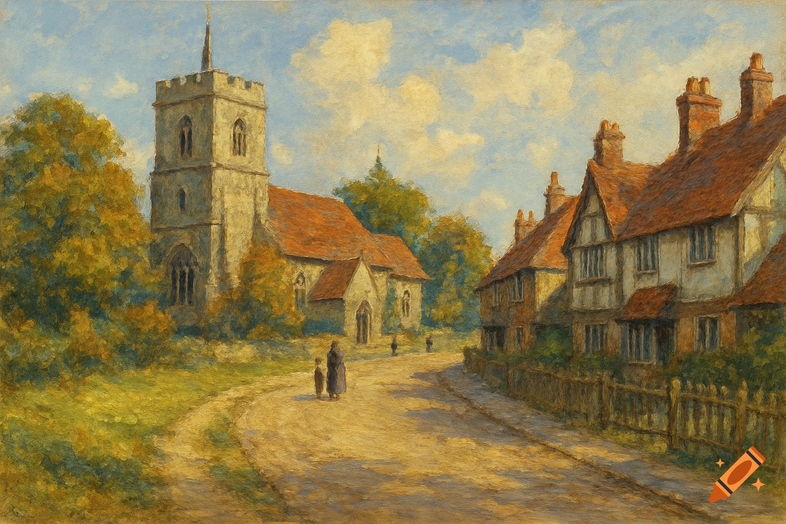 Painting of a village street with a church and cottages, two figures walking.