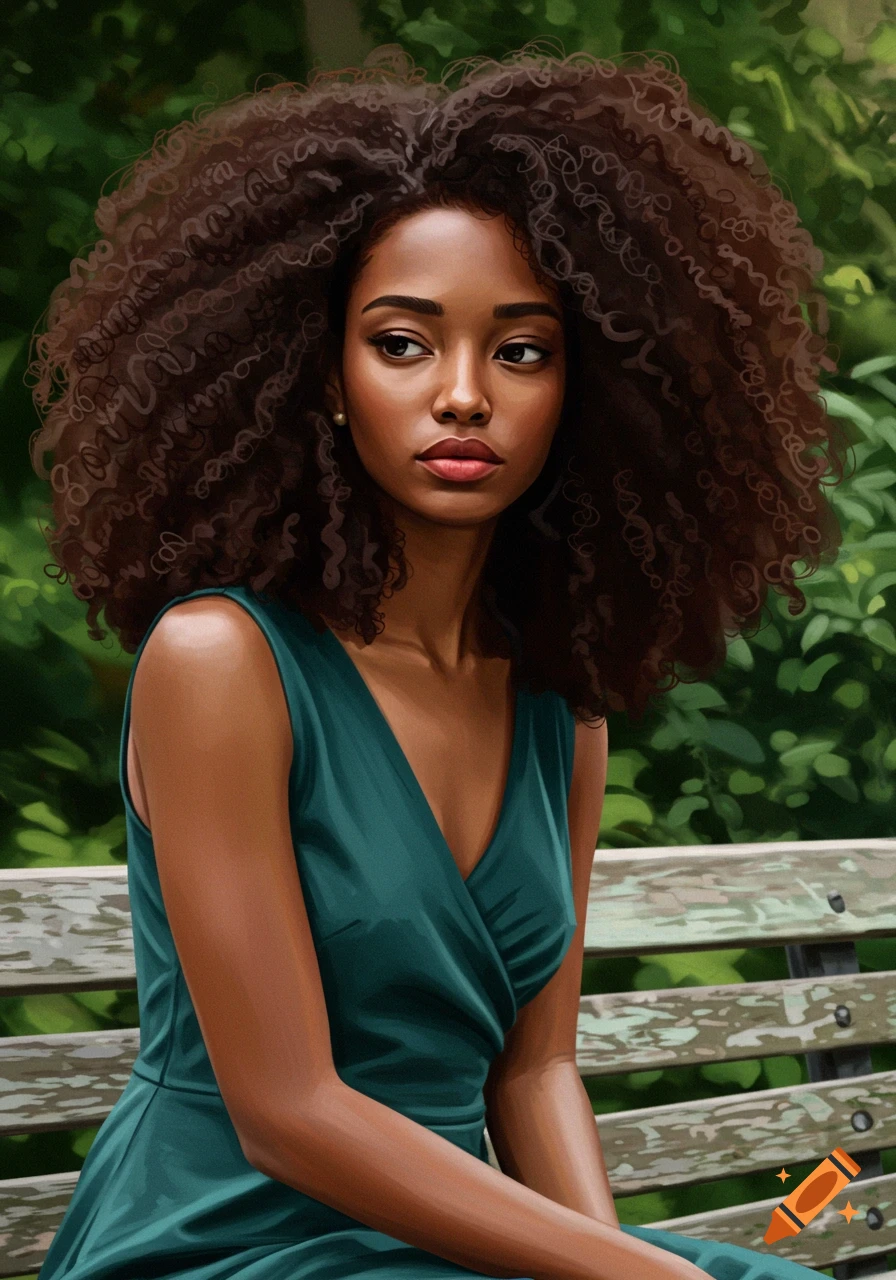 Digital painting of a brown woman with curly hair sitting on a park ...