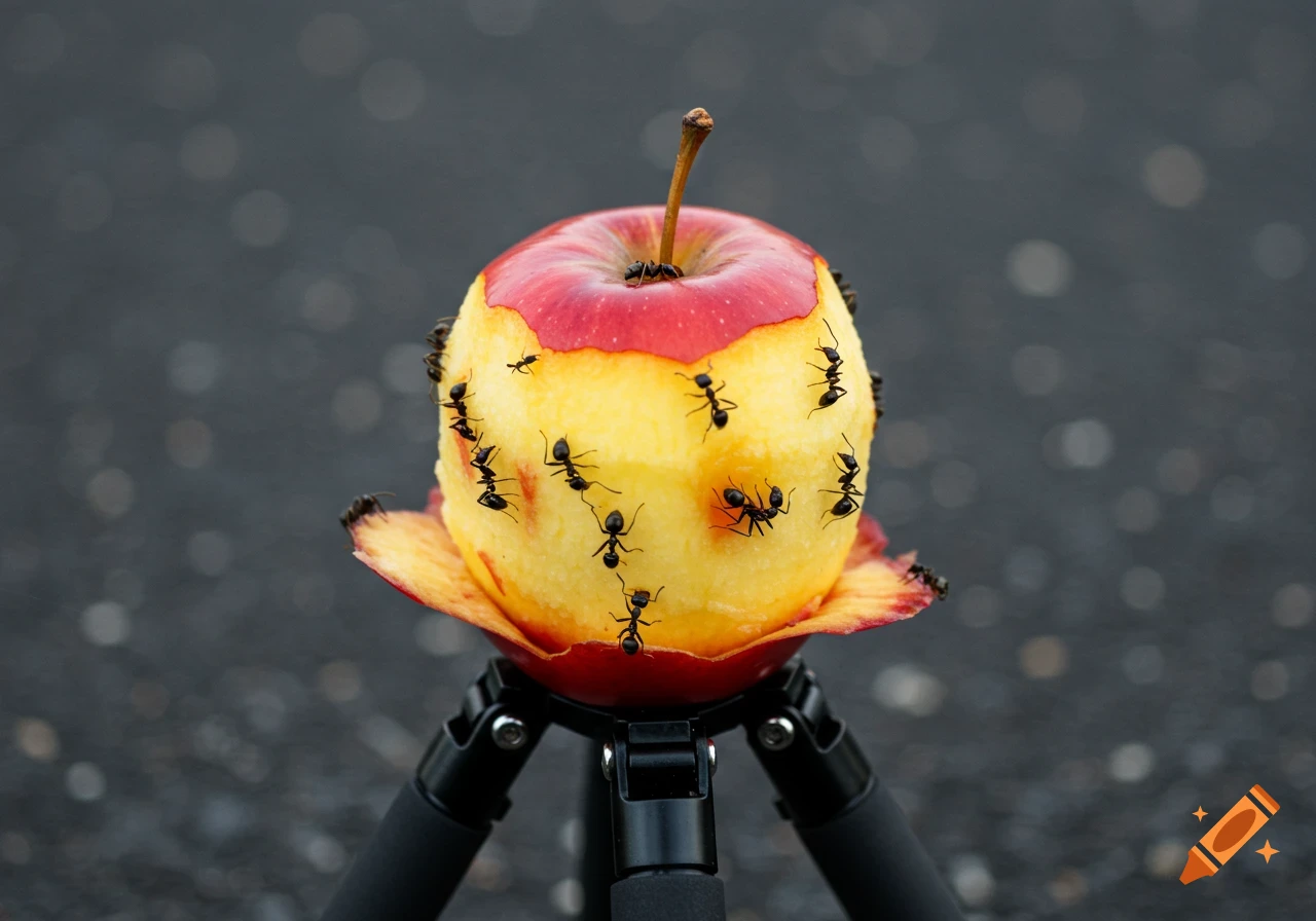 Macro photograph of black ants crawling on a partially eaten red and yellow apple on a tripod.