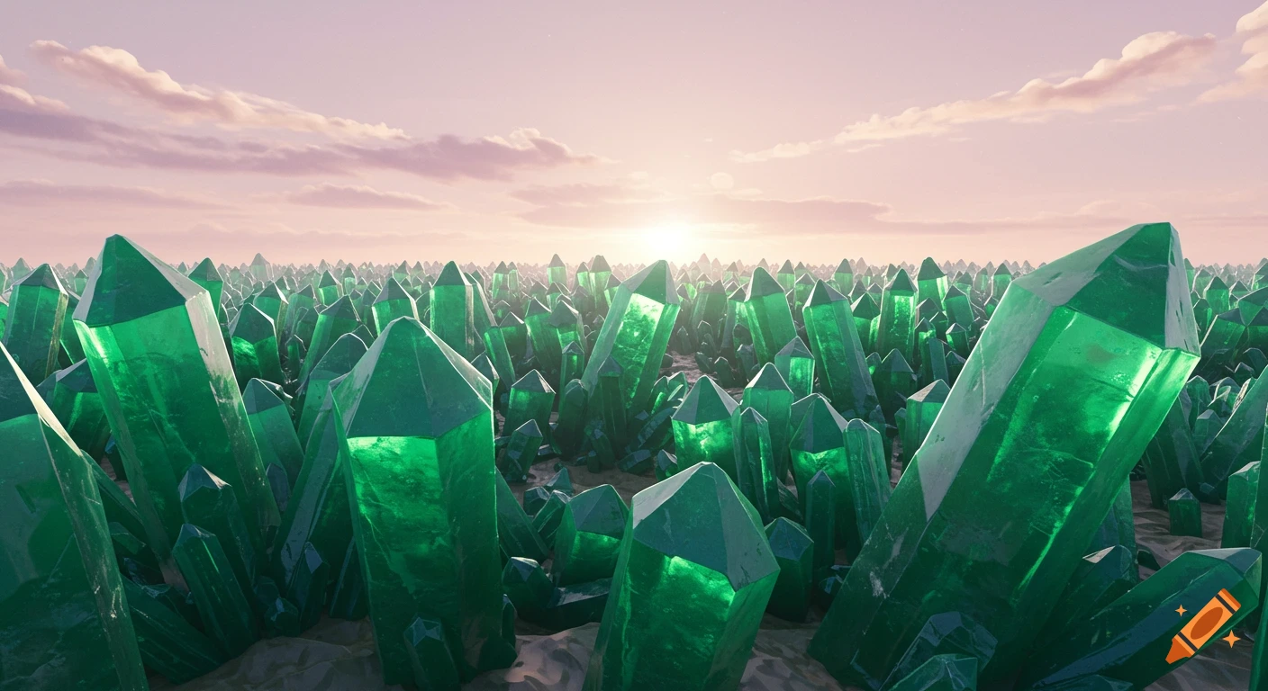 A vast field of large green emerald crystals glows under a pink sunset sky.
