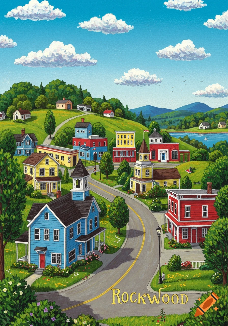 A colorful illustration of a town in a valley with hills, trees, houses, a church, and a river under a blue sky. "ROCKWOOD" is on the road.