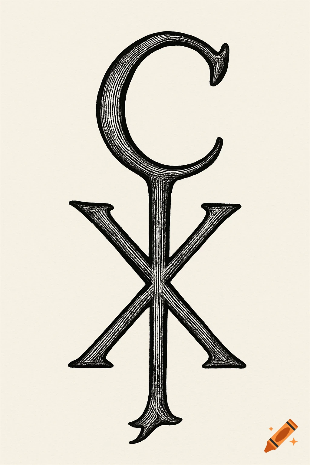 Black and white engraving of a Chi Rho symbol with an added C.