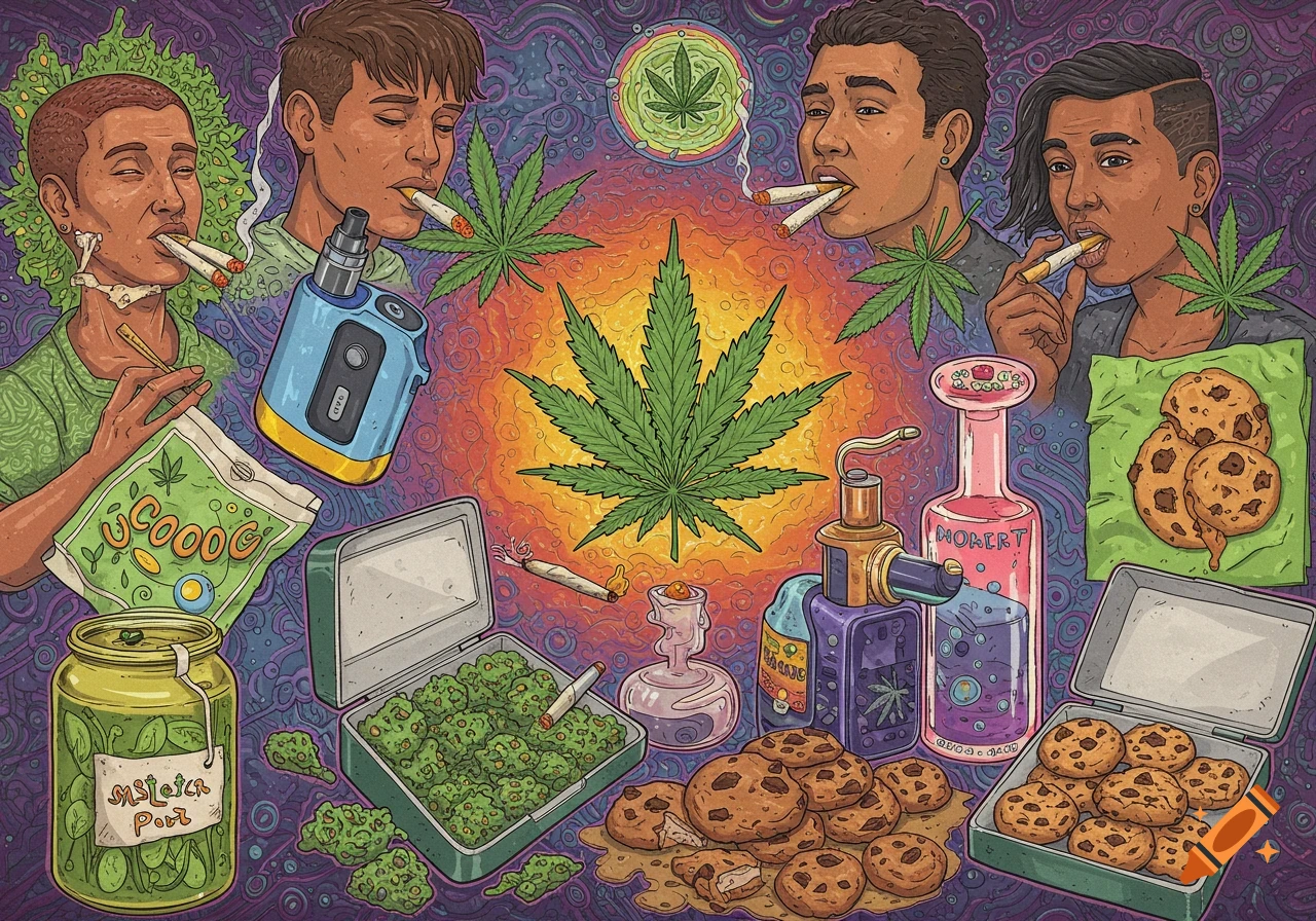 Illustration of people smoking cannabis surrounded by buds, edibles, and smoking accessories.