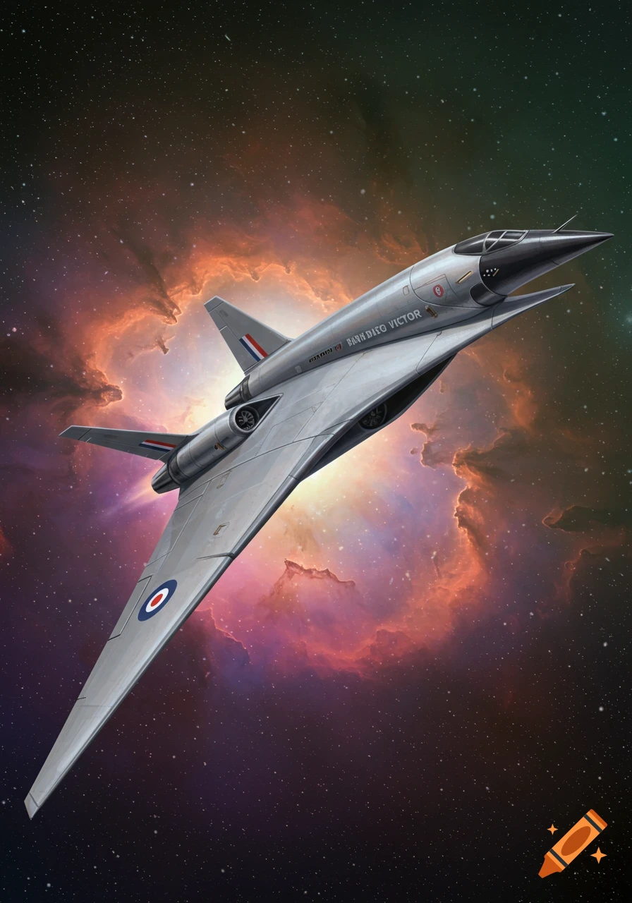 A futuristic silver delta-wing aircraft flies through space near a colorful nebula.