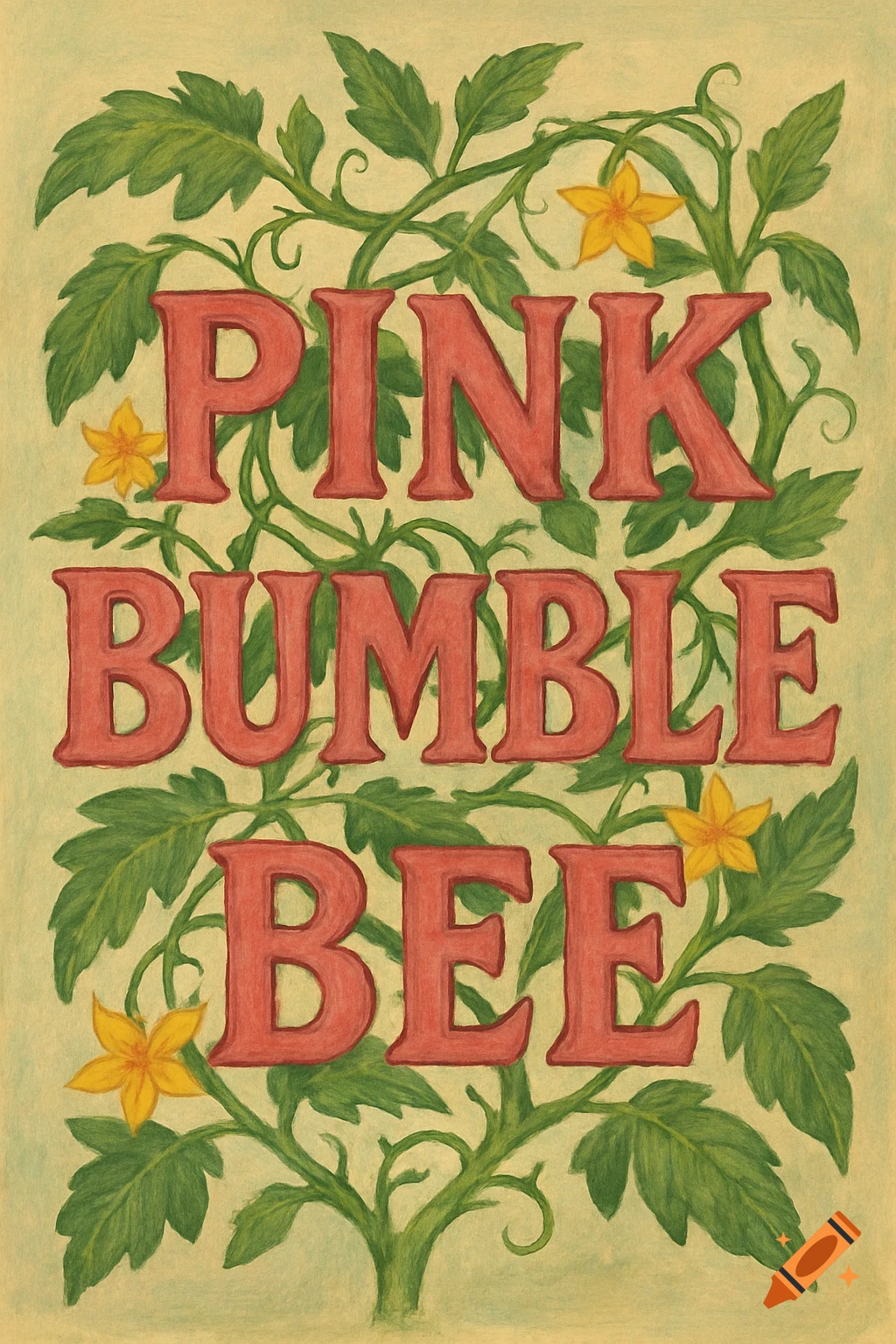 Pink text 'PINK BUMBLE BEE' intertwined with green leaves and yellow flowers of a tomato plant, in an illustrative style.