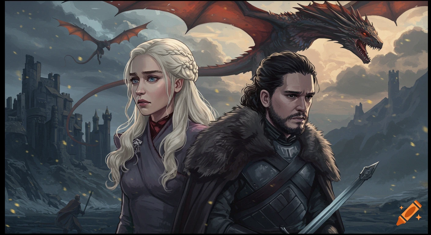 An anime-style illustration of two characters, a woman with white hair and a man with dark hair, standing back-to-back with dragons flying over castles in the background.