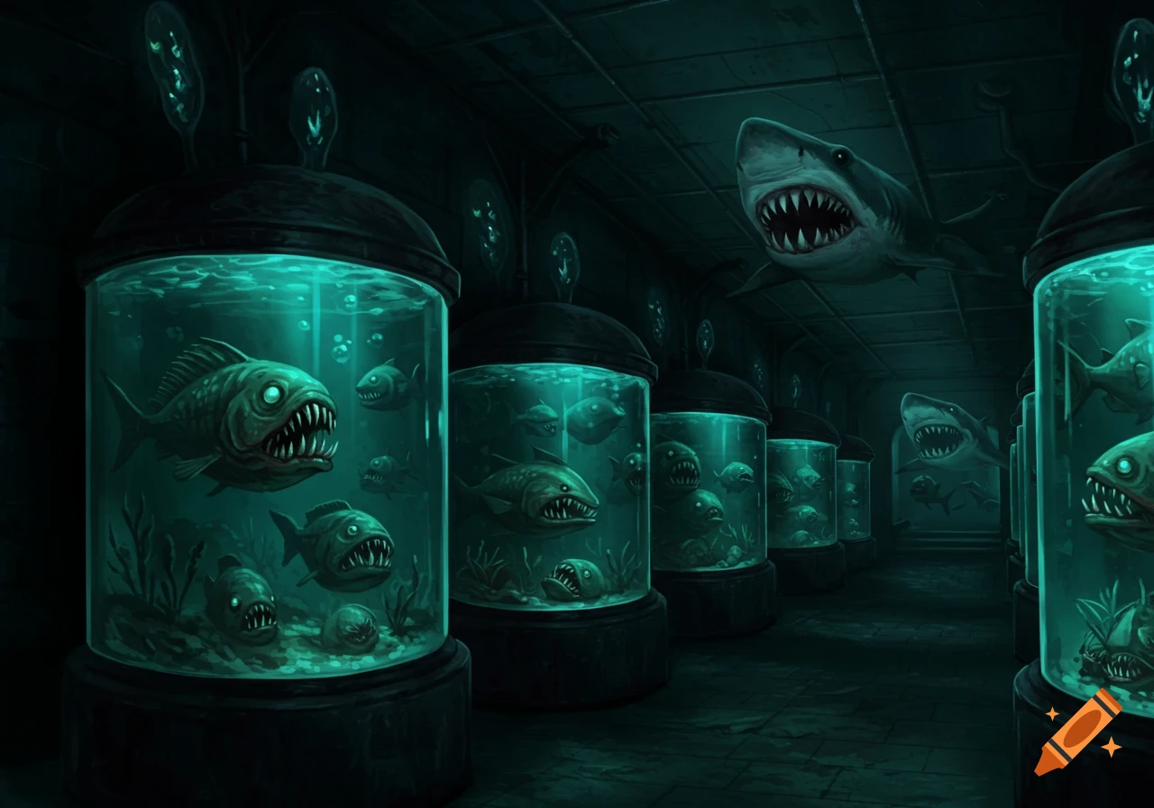 Dark hallway with bioluminescent tanks holding sharp-toothed fish and a shark, in a creepy illustration style.