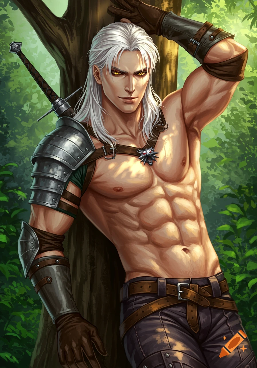 Illustration of a muscular fantasy warrior with white hair and yellow ...