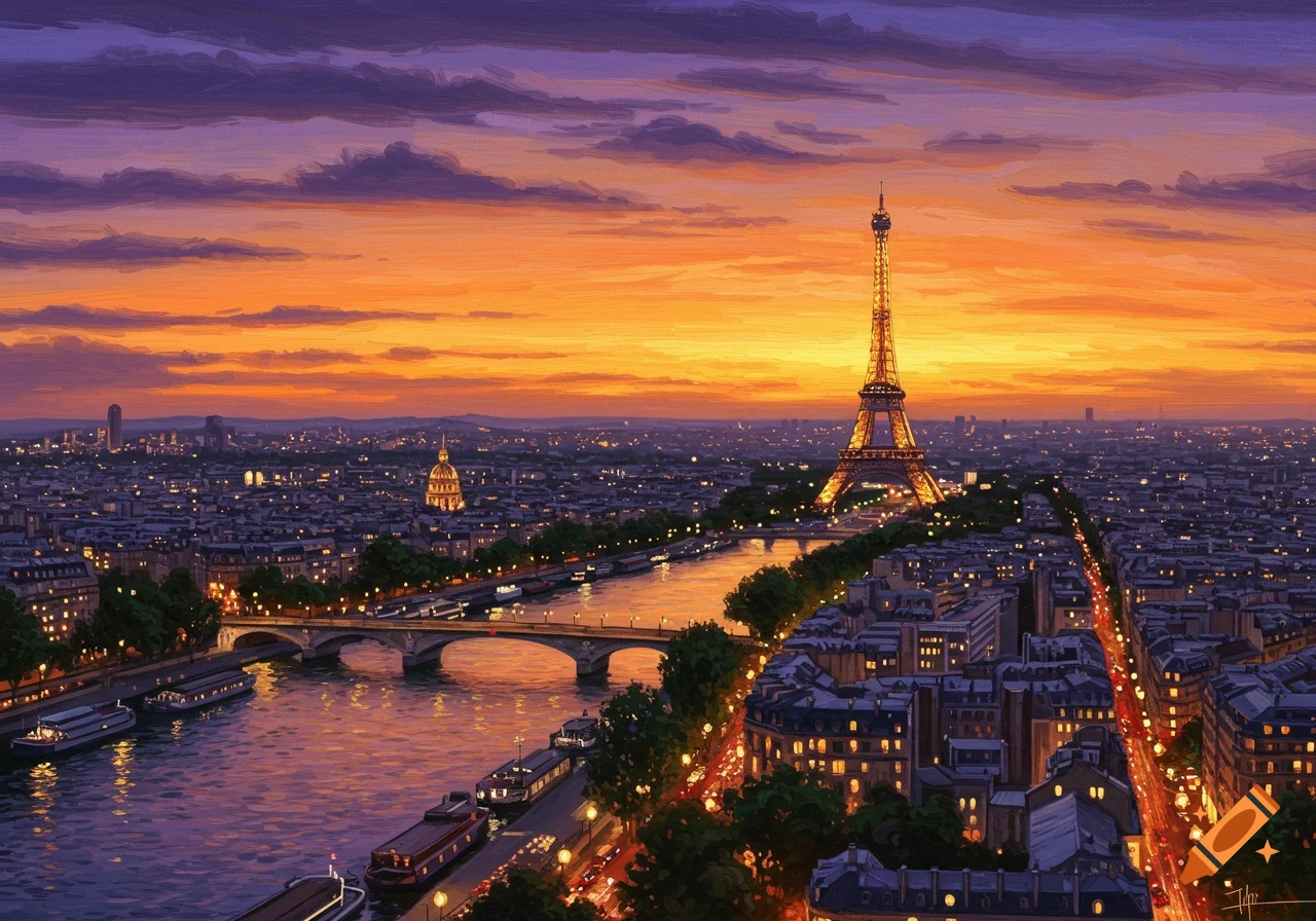 Painted view of Paris at sunset with illuminated Eiffel Tower overlooking the Seine river and city skyline.