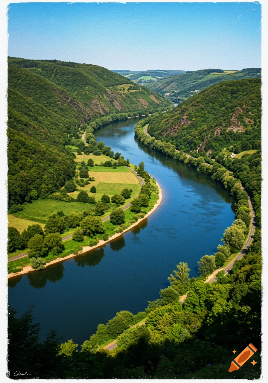 A wide river winds through lush green hills covered in trees under a blue sky.