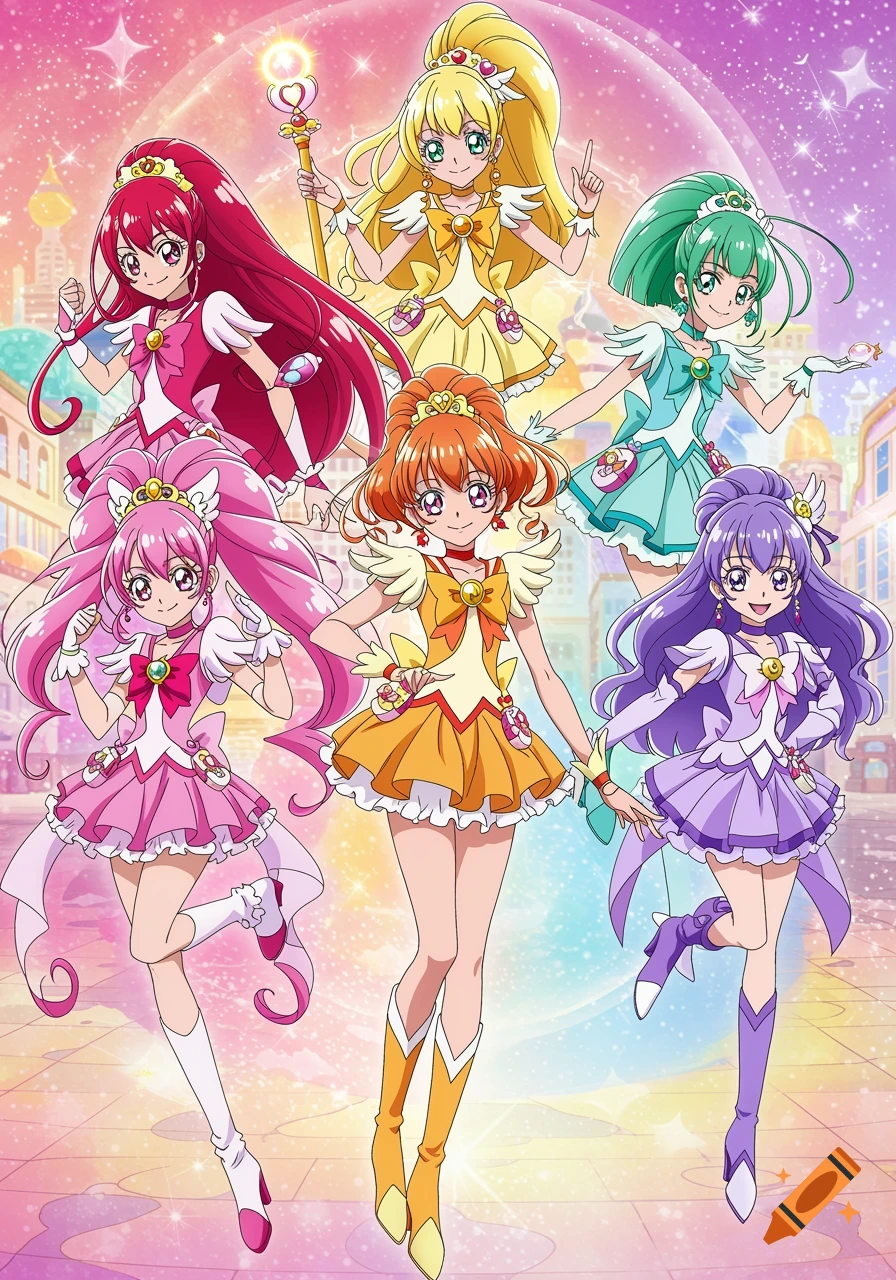 Six colorful anime magical girls posing in front of a sparkling cityscape.