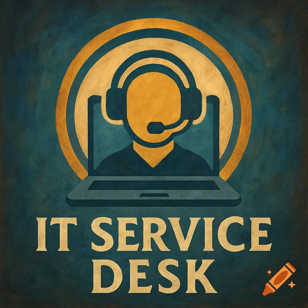 Stylized logo for IT Service Desk with headset icon, laptop, and text on a textured background