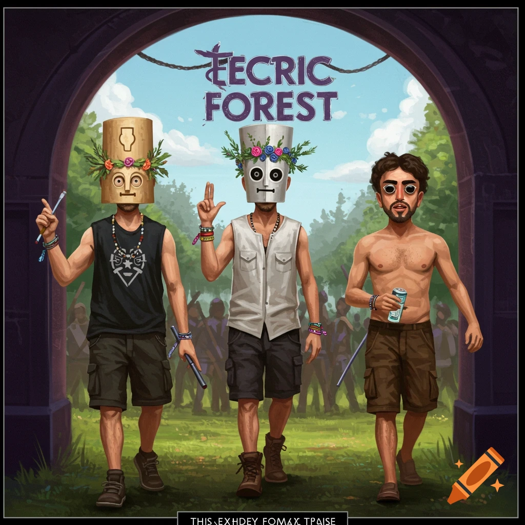 Illustration of three men, two in masks, walking through an archway towards a crowd. Text "EECRIC FOREST" above.