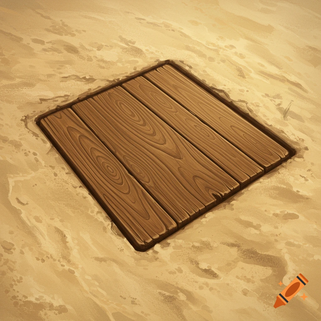 A square wooden trapdoor is set into the ground.