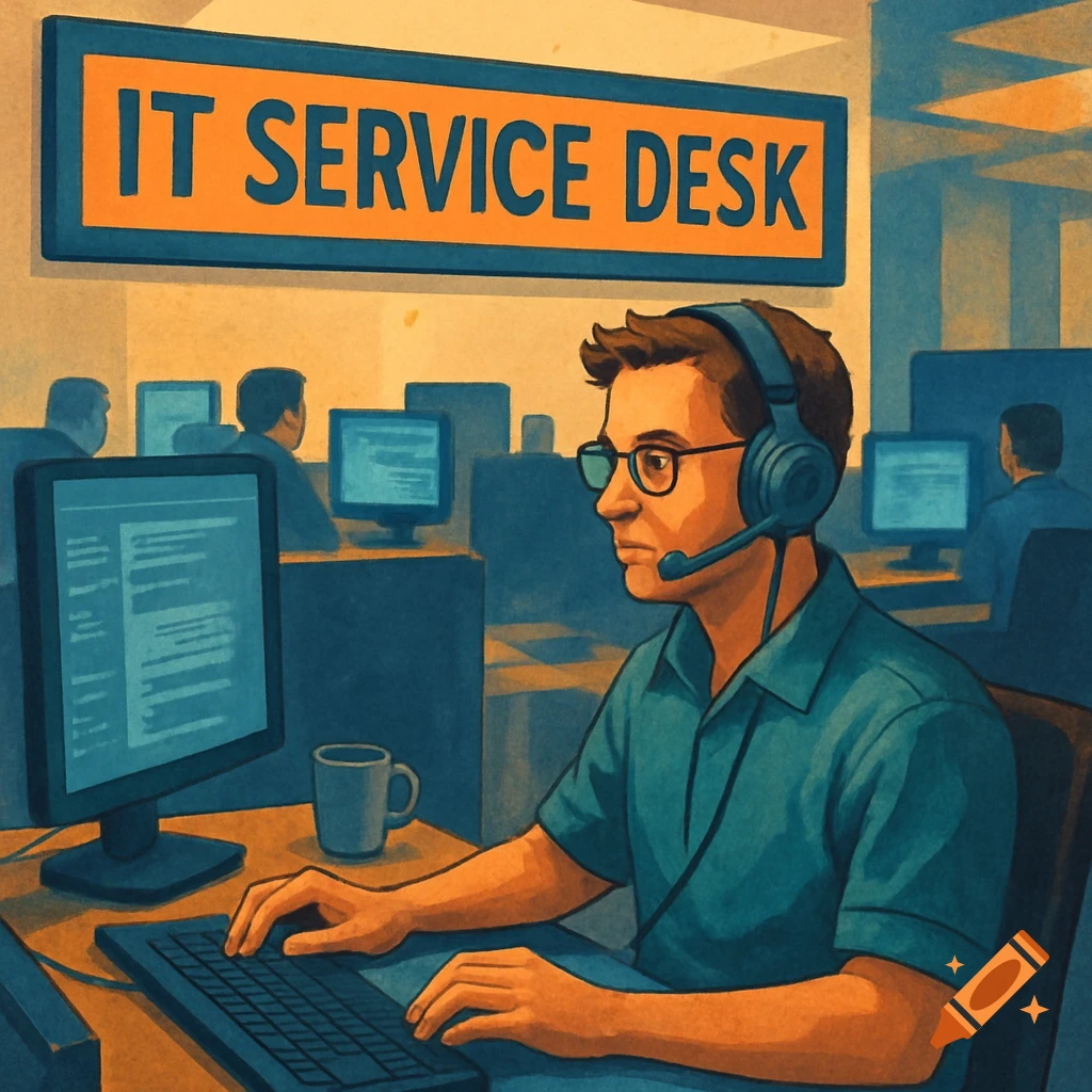 Illustration of a person with a headset working at a computer in an IT service desk office.