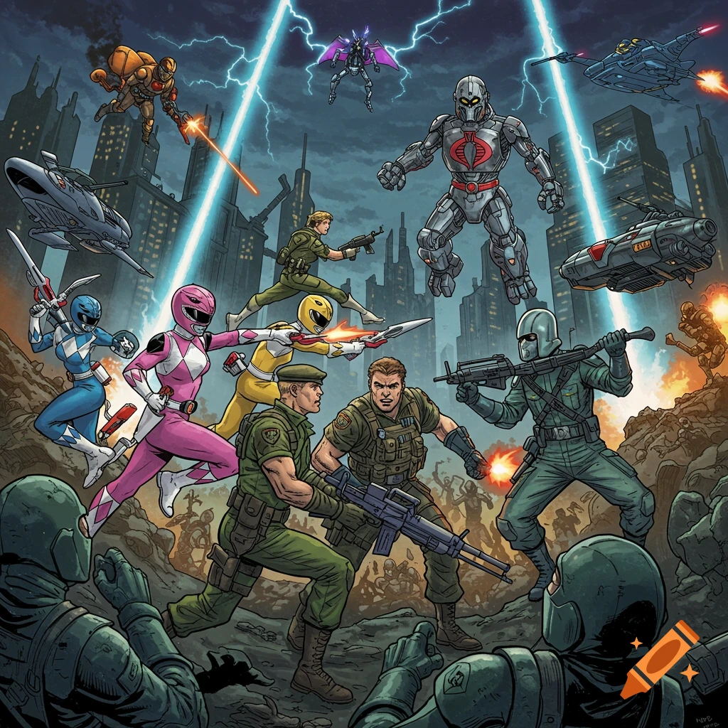 Comic art battle between Power Rangers, GI Joe characters, and Cobra figures in a city.